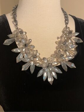 Chico’s Smokey Gray Crystal Floral Pedal Statement Necklace